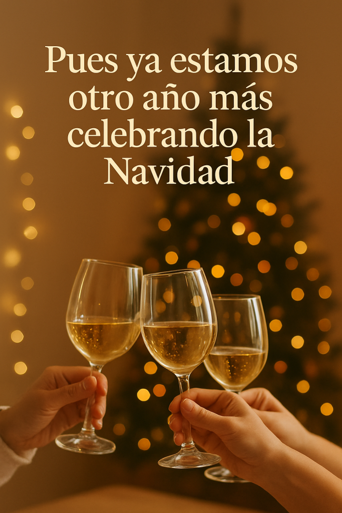 Escena completa con estrella brillante, decoración navideña y tres copas brindando.