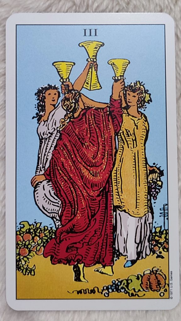 Carta del tarot Tres de Copas del mazo Rider–Waite, con tres mujeres brindando con copas.