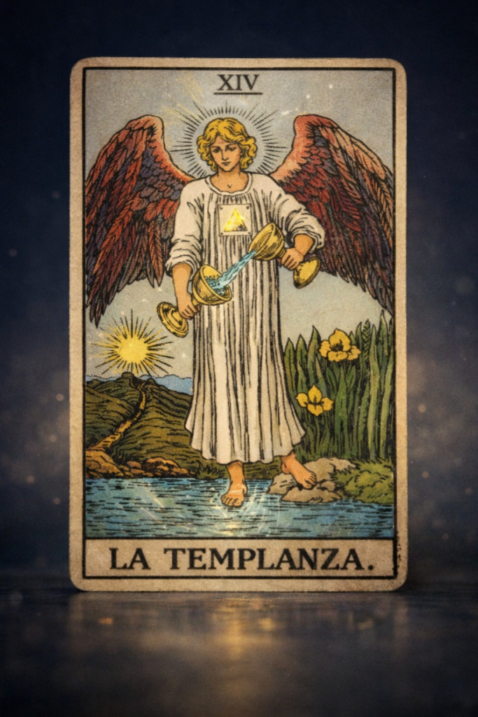 Arcano de La Templanza del tarot con un ángel vertiendo agua entre dos copas, símbolo de equilibrio, armonía y regulación emocional.
