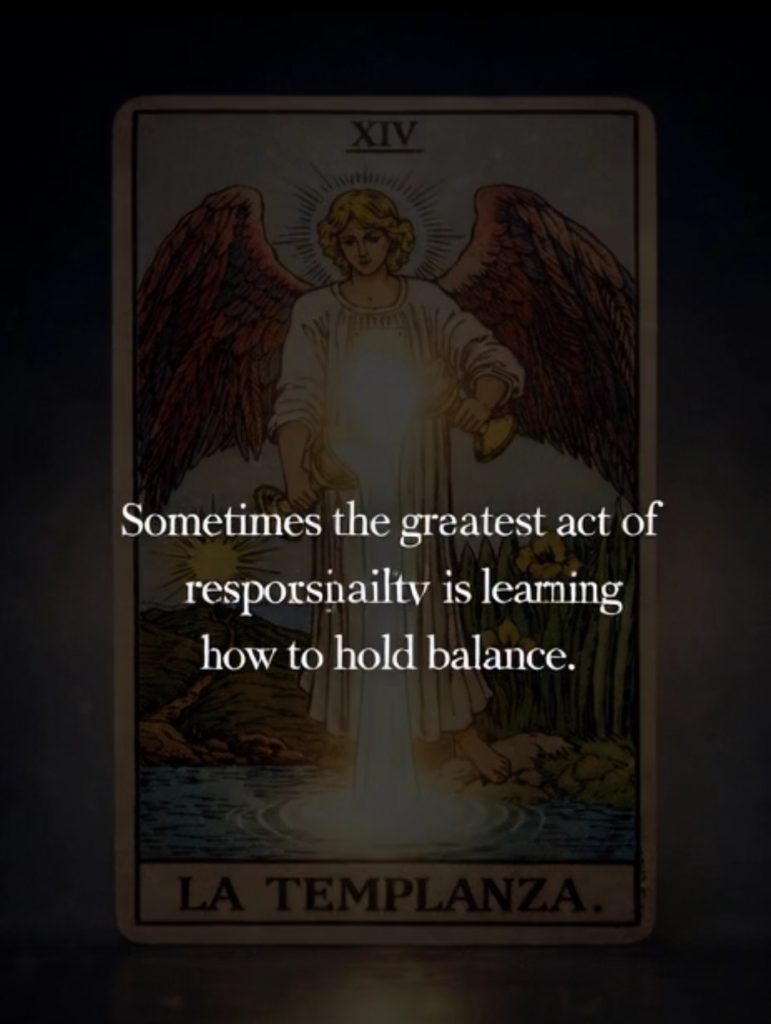 Texto final del vídeo del arcano La Templanza sobre fondo oscuro, con mensaje de equilibrio, pausa y regulación consciente