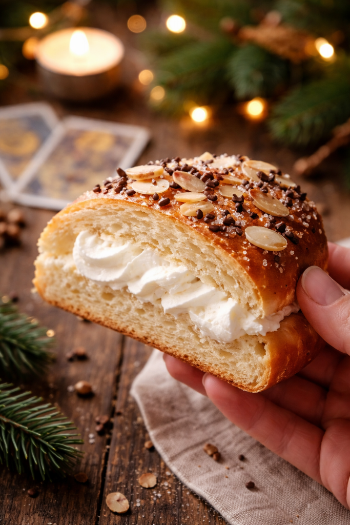 Porción de roscón de Reyes casero decorado con almendra, chocolate y azúcar, servido con nata y elaborado con intención brujil