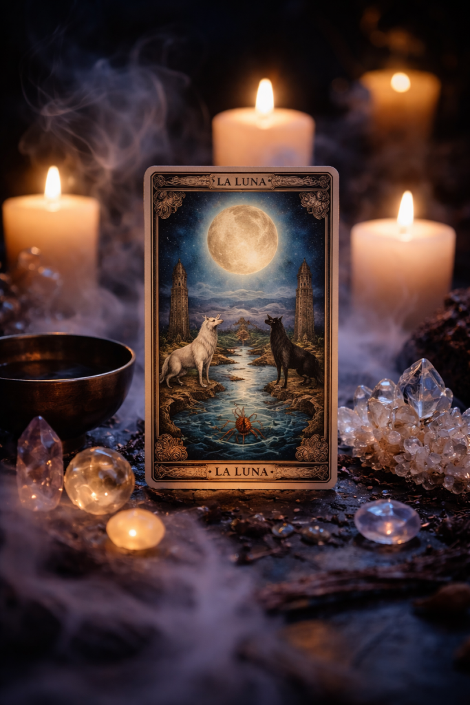 Arcano La Luna rodeado de velas en ambiente nocturno simbólico