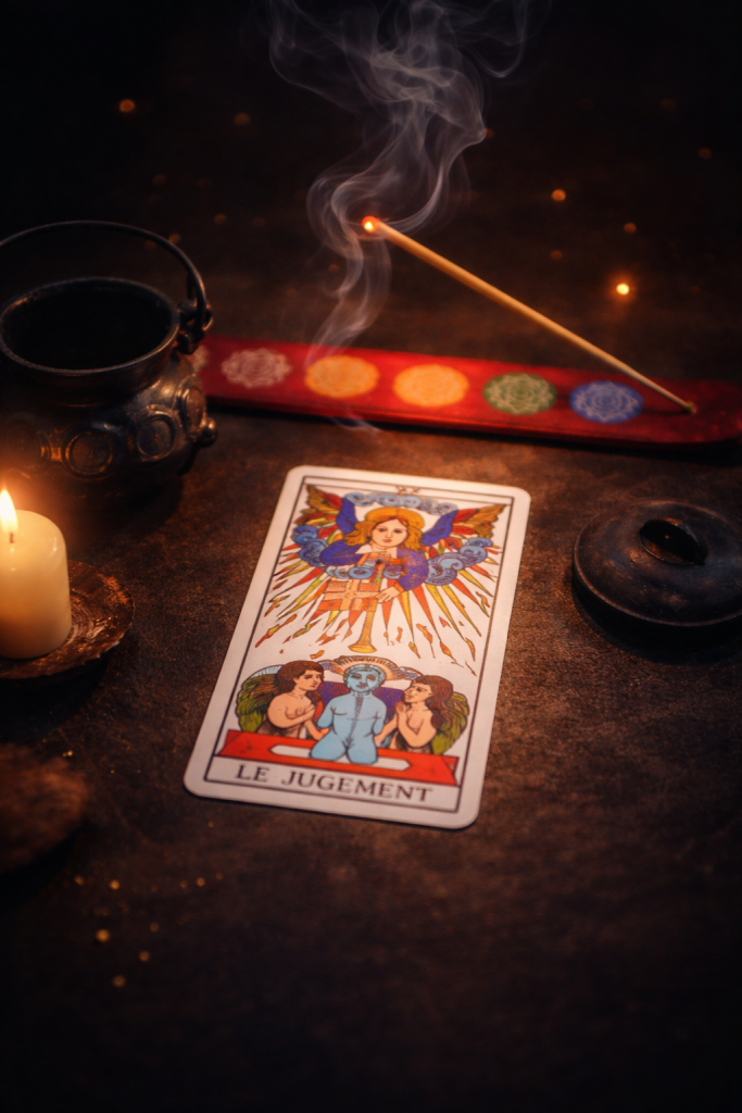 Carta del tarot El Juicio sobre un altar oscuro con incienso encendido y ambiente espiritual íntimo.
