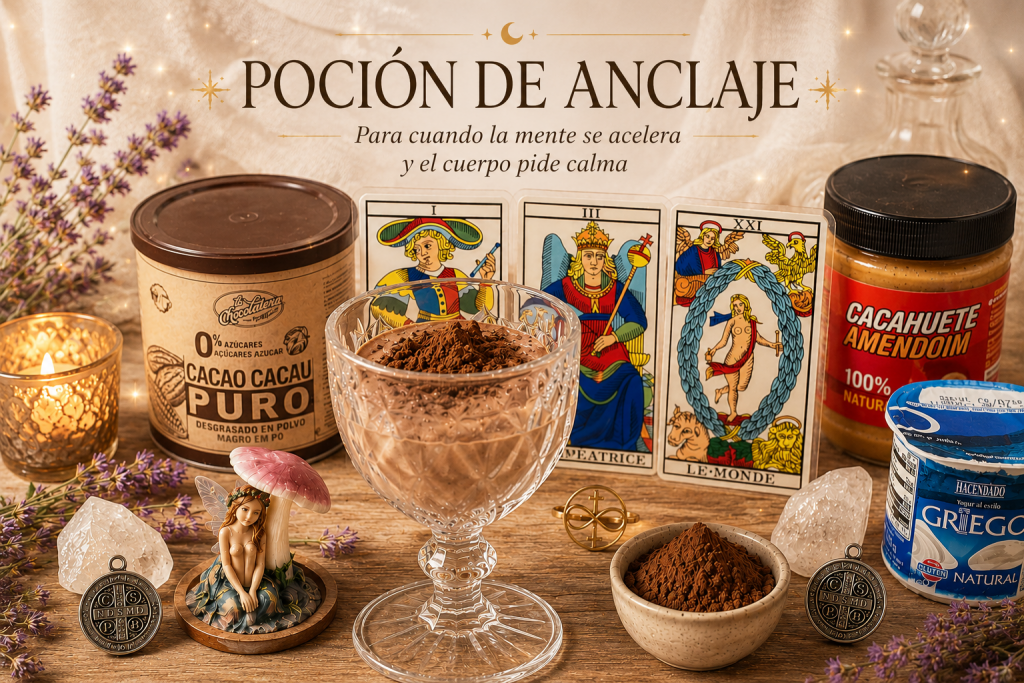 Copa de cristal con poción de cacao junto a las cartas del tarot El Mago, La Emperatriz y El Mundo.
