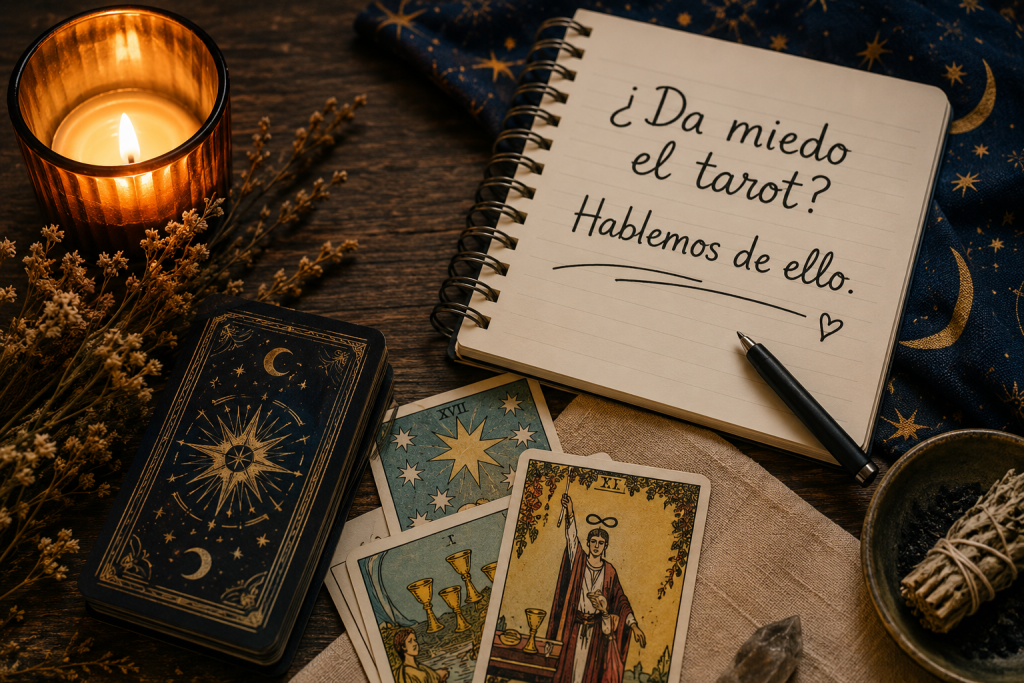Mesa con cartas de tarot, una vela encendida y un cuaderno con la pregunta "¿Da miedo el tarot? Hablemos de ello", representando una consulta de tarot cercana y sin mitos.