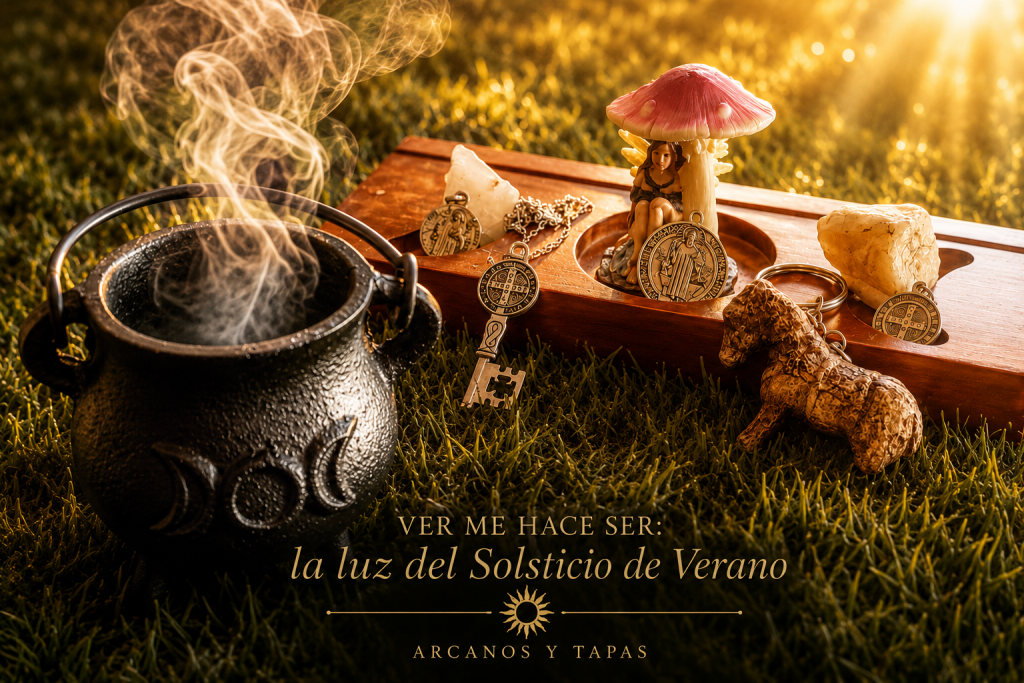 Caldero ritual con humo, hada, cuarzos, medalla de San Benito y caballito ibérico sobre la hierba iluminados por la luz dorada del Solsticio de Verano.