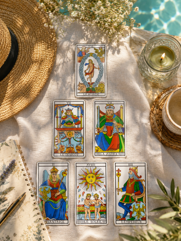 Cartas del Tarot de Marsella junto a una piscina en un ambiente veraniego que invita a la reflexión, el descanso y el crecimiento personal.