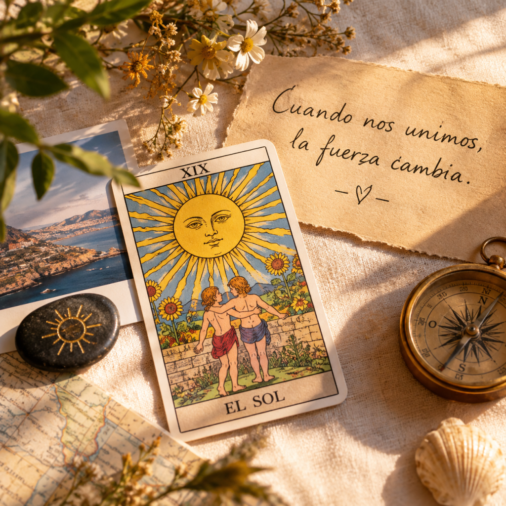 Carta del tarot El Sol junto a un mapa, una brújula, flores y elementos simbólicos que representan la unión y la fuerza compartida.